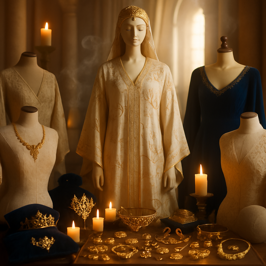 Detail of hand-stitched fabric and artisan metalwork